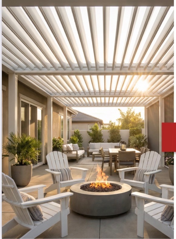 Adjustable louvered patio cover at sunset